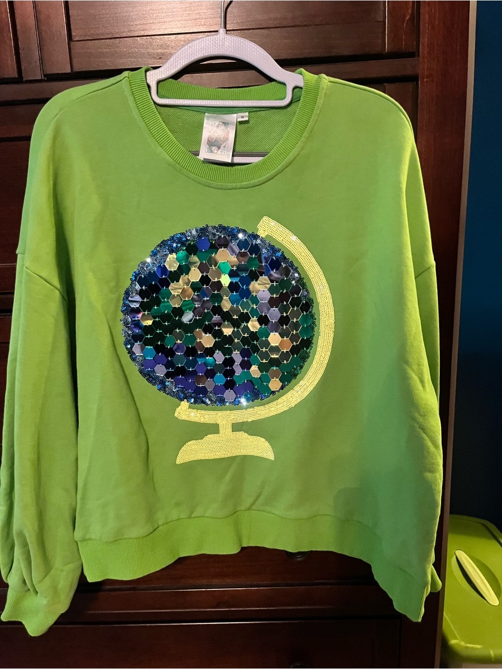 QUEEN OF SPARKLES Lime Green Sequin Globe Sweatshirt